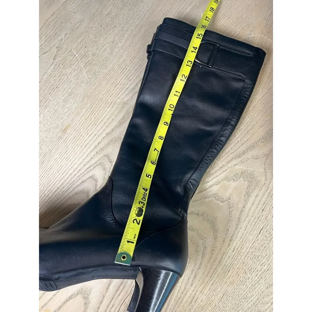 Cole Haan Tall Black Leather Buckle Boots Almond Toe Block Heel Women’s Size 8.5